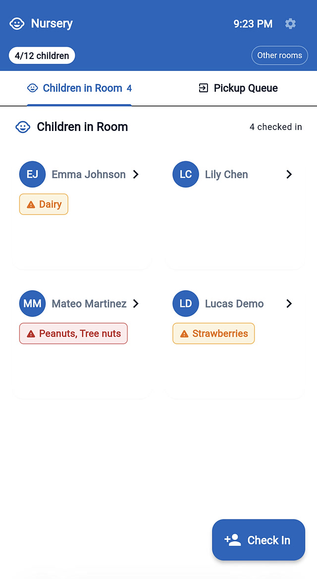 Nursery check-in room list