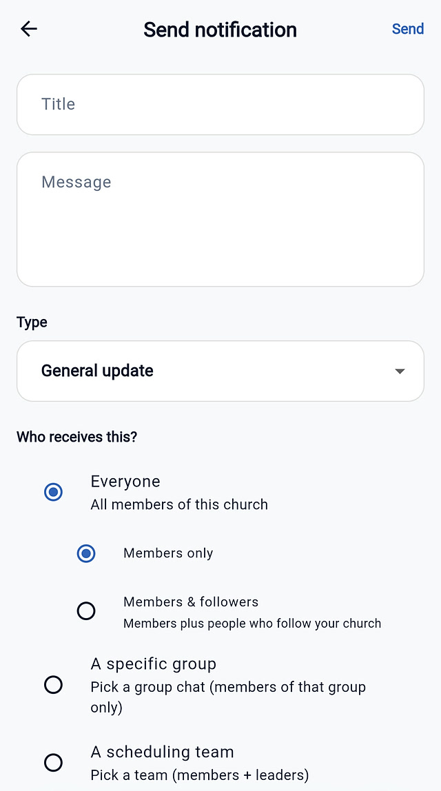 Send notification screen