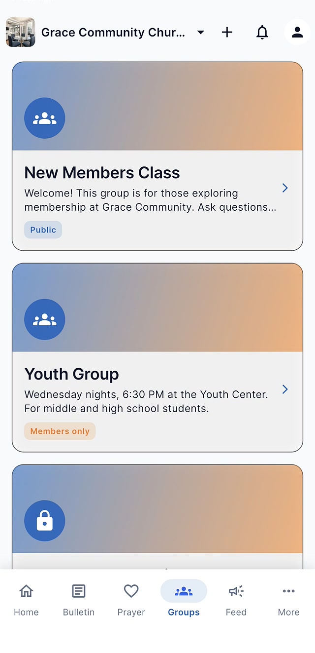 Groups list with public, members-only, and invite-only groups