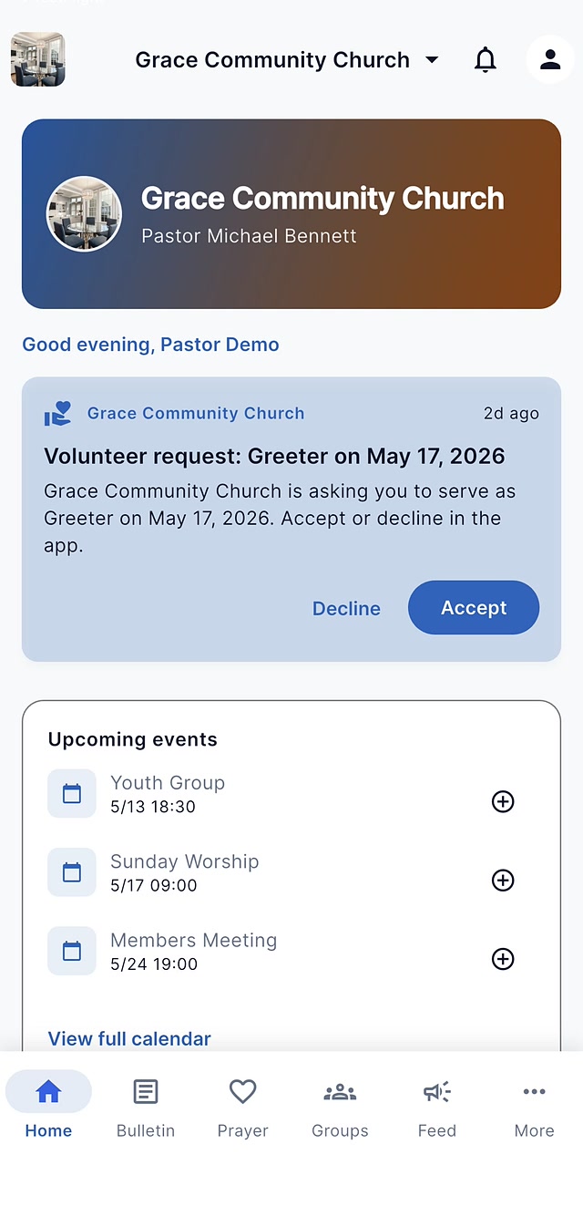 WorshipWire home screen with volunteer request and upcoming events